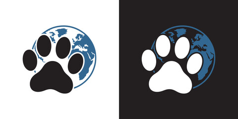 Earth and footprint paw print graphic symbolizing animal welfare and global footprint