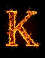 Fiery letter K, blazing inferno, dark background