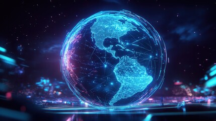 Glowing digital globe in futuristic cityscape at night
