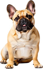 A charming fawn French Bulldog sitting with its tongue sticking out, a humorous and endearing pet portrait.