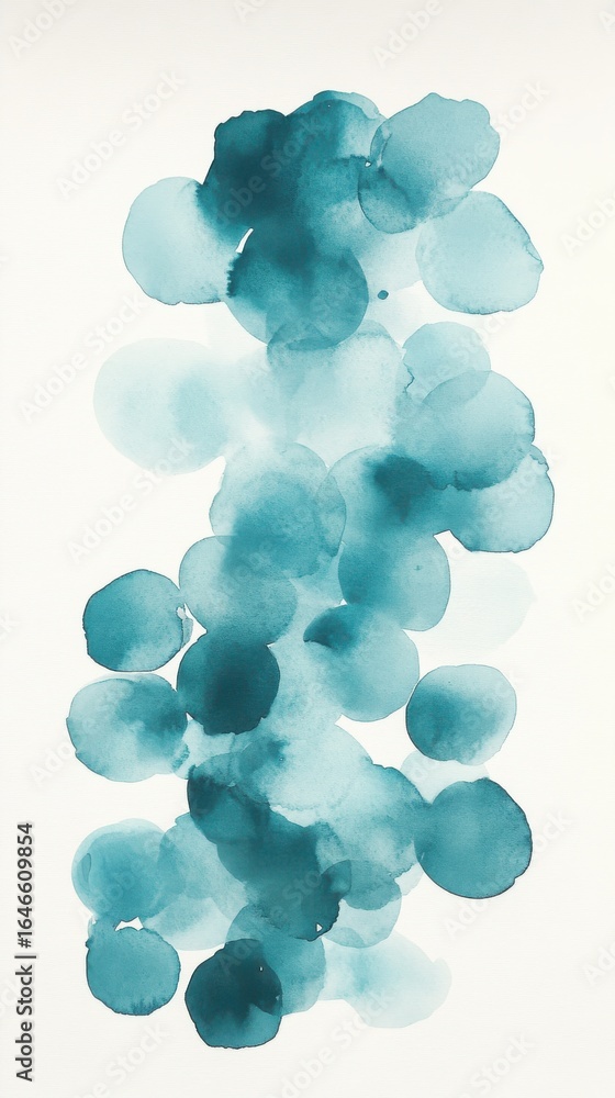 Poster abstract teal painting with circular shapes in serene studio setting