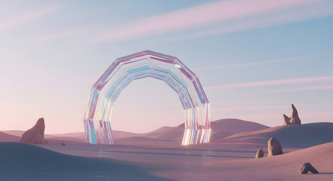 Radiant Holographic Archway Illuminating a Desert Horizon: A Vision of Future Journeys and Abstract Beauty - Powered by Adobe