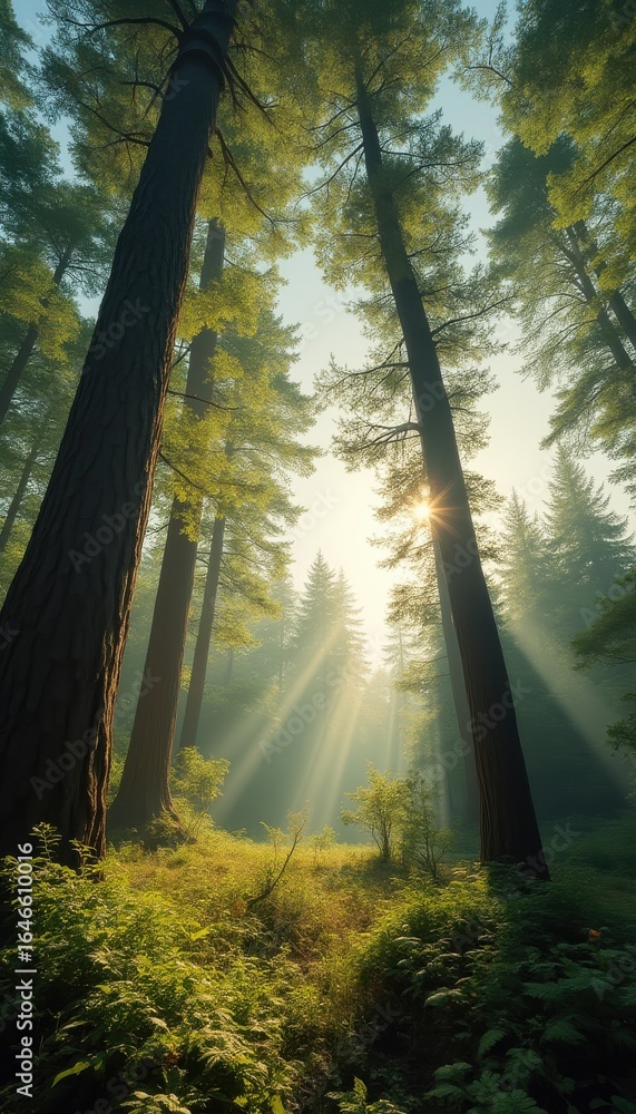 Poster sun rays filtering through trees in serene forest setting