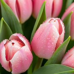Fototapeta premium Dew-kissed Pink Tulips Bloom, Symbolizing Freshness and the Gentle Beauty of Spring Morning Gardens