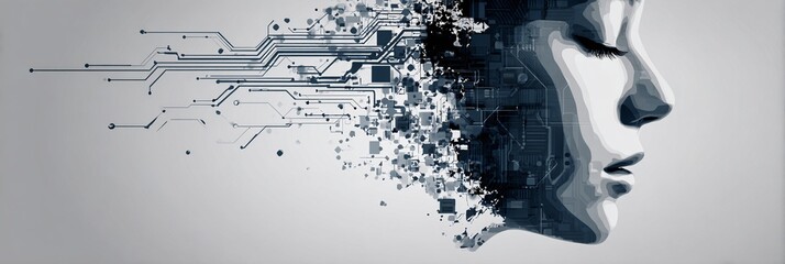 ABSTRAKTE DARSTELLUNG EINES MENSCHLICHEN KOPFES MIT DIGITALEN ELEMENTEN