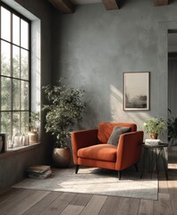 Minimalist home interior design of modern living room. Serene reading corner with orange armchair, small side table and lush green plant. The natural light highlights soft rug and warm-toned wall.