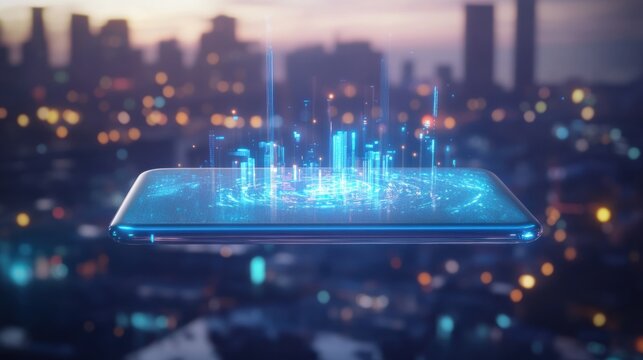 Smartphone displaying holographic cityscape at dusk