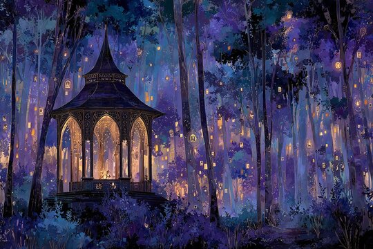P&Eacute;RGOLA ILUMINADA EM BOSQUE NOTURNO