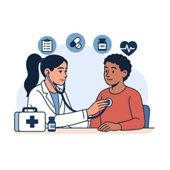 Set of medical illustrations of a doctor examining a patient with a stethoscope.