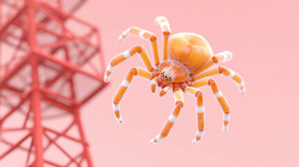 Orange spider close up with cyberpunk style and halloween mood on pink background with red metal structure