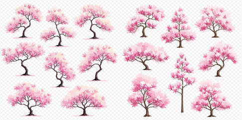 A beautiful collection of pink blooming cherry blossom trees in various shapes and sizes.