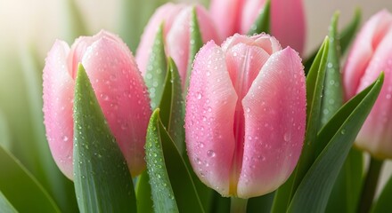 Fototapeta premium Vibrant Pink Tulips Adorned with Morning Dewdrops, Capturing the Essence of Spring's Awakening and Natural Beauty.