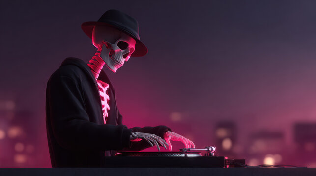 Cyberpunk skeleton dj halloween party neon light music turntable hat dark night