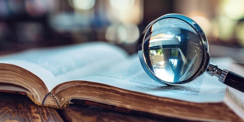 A magnifying glass resting on an open book with a blurred background, reflecting the book's pages and the surrounding environment.
