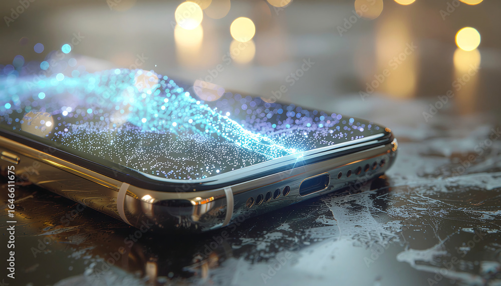 Poster a close-up of a smartphone showing a blue particle stream emanating from its screen, set against bok