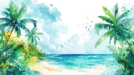 Obraz premium Tropical beach with palm trees and ocean waves on sunny day