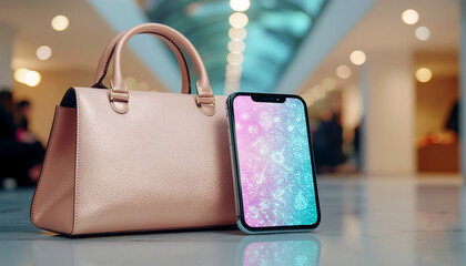 A pastel pink handbag and a smartphone with a sparkling screen are positioned in a brightly lit, blurred shopping environment.