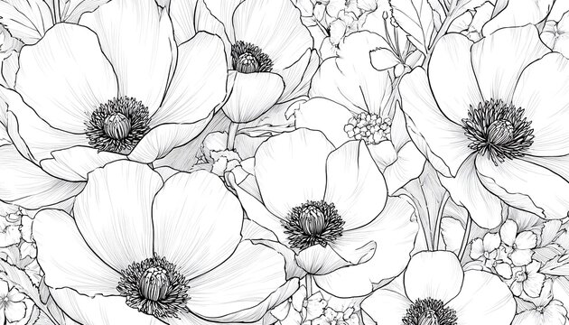 WIEDERHOLENDES FLORALES MUSTER MIT GROSSEN BL&Uuml;TEN, SCHWARZ-WEISS-ZEICHNUNG