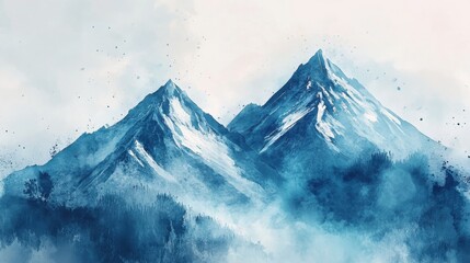 Serene snow-capped mountains in misty forest landscape