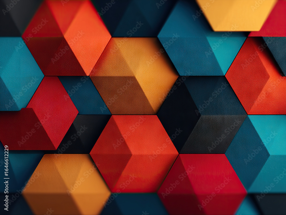 Poster colorful abstract geometric pattern with 3d hexagonal shapes in vibrant red, orange, blue, and yello