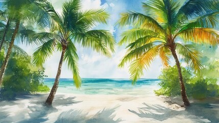 Tropical beach with palm trees under clear blue sky