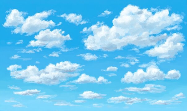 Whimsical, fluffy clouds on a vibrant blue sky