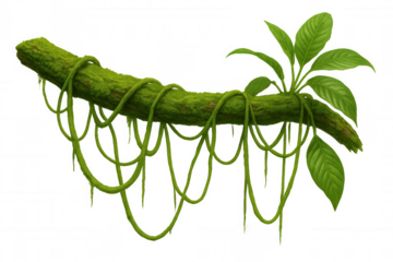 Green vines cascading over mossy branch, rendering verdant jungle backdrop with transparent overlay, ideal for natural design compositions
