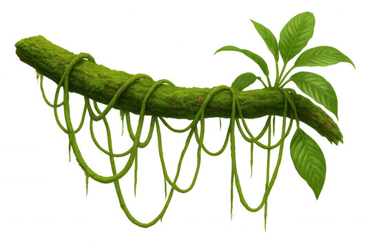Green vines cascading over mossy branch, rendering verdant jungle backdrop with transparent overlay, ideal for natural design compositions