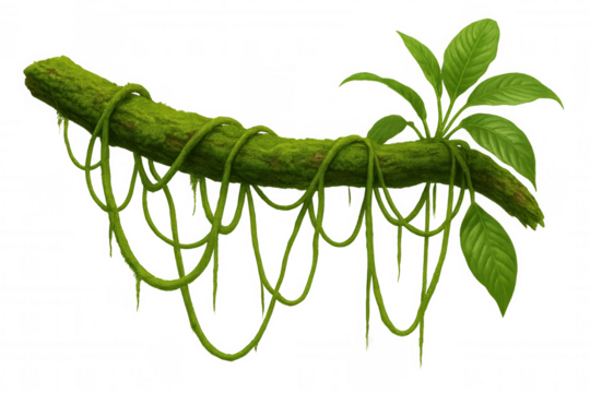 Green vines cascading over mossy branch, rendering verdant jungle backdrop with transparent overlay, ideal for natural design compositions