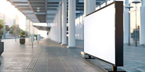 Fototapeta premium A modern, minimalist urban setting with a large, blank white billboard on a city street, featuring a sleek, black frame and a clean, unadorned surface