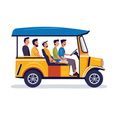 Colorful TukTuk with Passengers and Driver Cartoon Illustration Side View