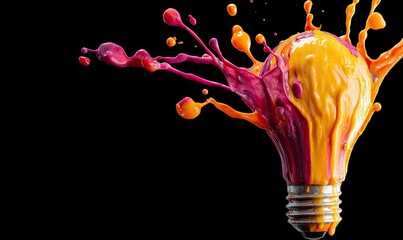 Exploding lightbulb, vibrant paint splashes