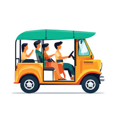Colorful TukTuk with Passengers Driving Through City Streets Vector Illustration
