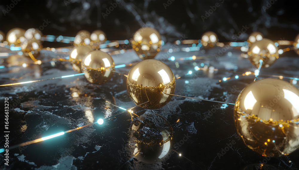 Poster golden spheres interconnected with glowing lines on a marble surface, representing network connectio
