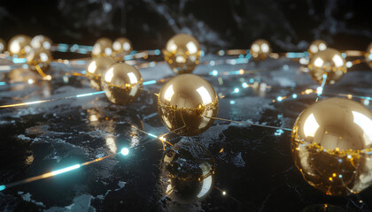 Golden spheres interconnected with glowing lines on a marble surface, representing network connections and digital complexity.
