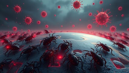Surreal landscape of giant glowing ticks crawling over a melting earth with radiating red disease vectors.