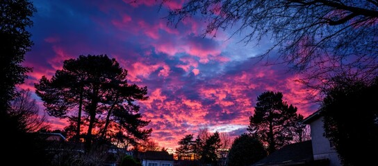 Dramatic sunset with vibrant pink and purple clouds, silhouetted trees and houses