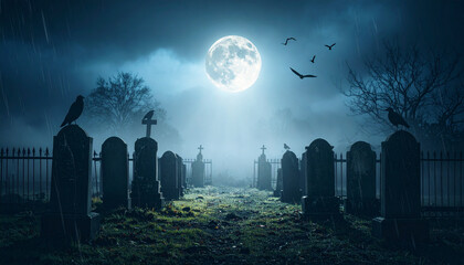 Graveyard cemetery night full moon dark sky foggy atmosphere birds flying spooky scene with rain drops and bare trees creating eerie mood