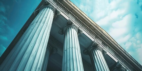 Three ancient Greek columns with ornate capitals and intricate stonework, standing against a clear blue sky with scattered white clouds