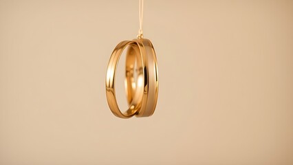 Three golden wedding bands hanging vertically with soft light highlighting their shine.