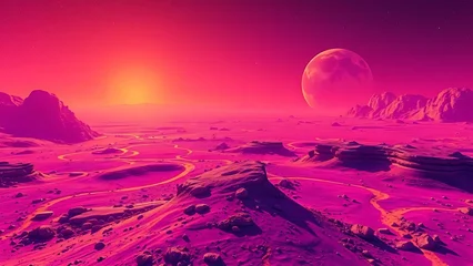 Foto auf Acrylglas Rosa Surreal purple and orange Martian landscape viewed from satellite, with chromatic aberration effects.  © Lynniee