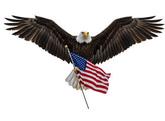 Fototapeta premium Majestic bald eagle soaring with american flag isolated on transparent background
