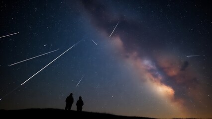 A dreamy night sky where constellations fade into sparkling meteor trails above silhouetted figures.