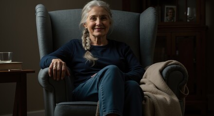 Fototapeta premium Older woman with a braid relaxes in a plush armchair at home, warm lamp glow and cozy blanket beside
