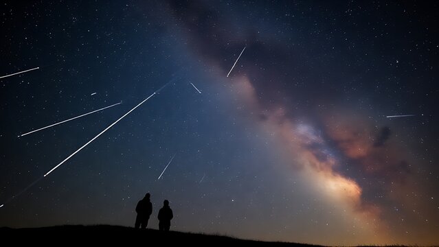 A dreamy night sky where constellations fade into sparkling meteor trails above silhouetted figures. - Powered by Adobe