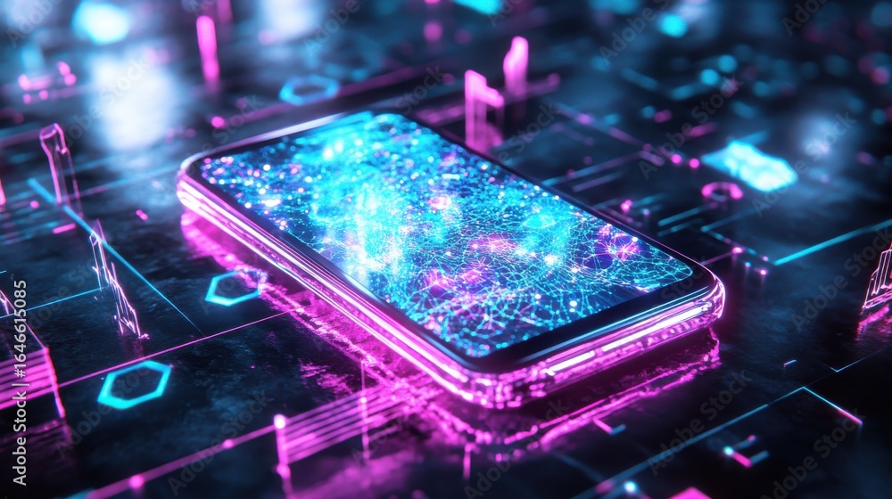 Poster smartphone displaying network connections in abstract night setting