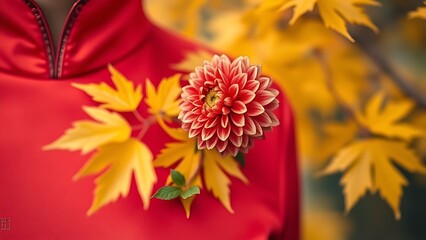 A chrysanthemum flower pinned to a ruby red cheongsam collar, with golden maple leaves in soft focus for China National Day.