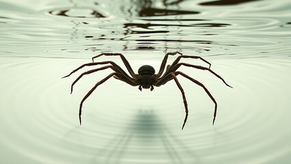 Fossilized spider transitioning into swimming motions through abstract water ripple effects.