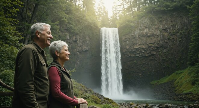 Happy older couple admires a majestic waterfall from a wooden lookout, mist glowing in forest light; uplifting travel moment of vitality, nature and togetherness - Powered by Adobe