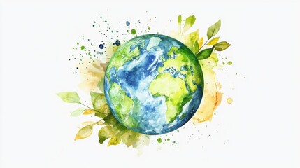 Naklejka premium Watercolor globe surrounded by green leaves on white background